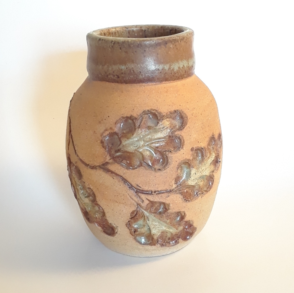 Glazed clay small bud vase with flowers signed